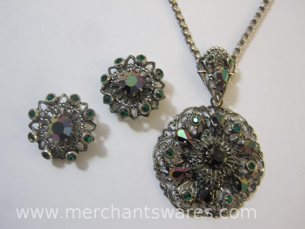 Vintage Filigree Necklace and Clip On Earring Set