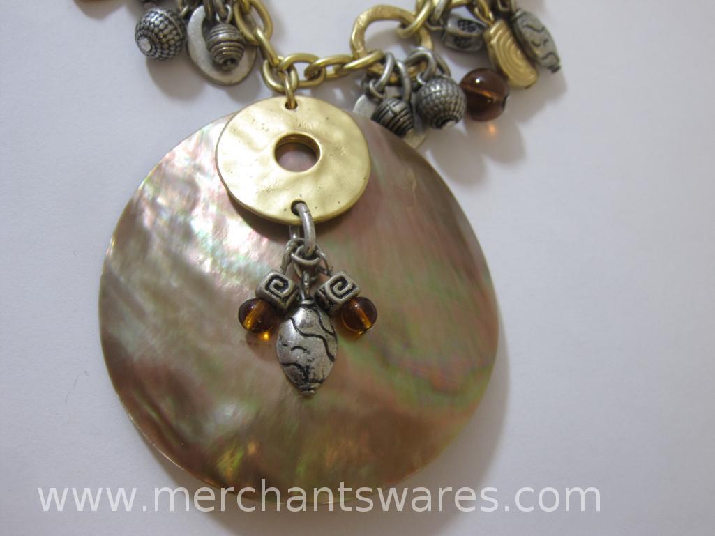 Coldwater Creek Bangle Necklace with Large Shell Accent and Gold Tone Necklace with Square Pendant