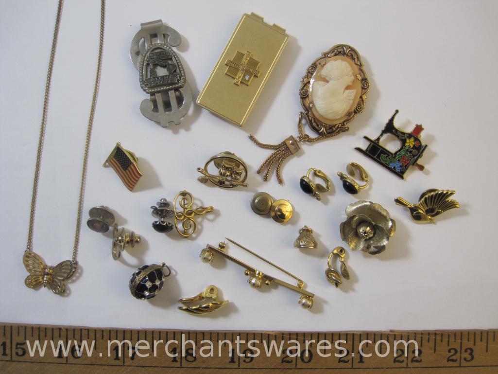 Gold Filled Money Holder, Cameo Pin, Assorted Pins, Gold Filled Earrings, and More, see pictures,