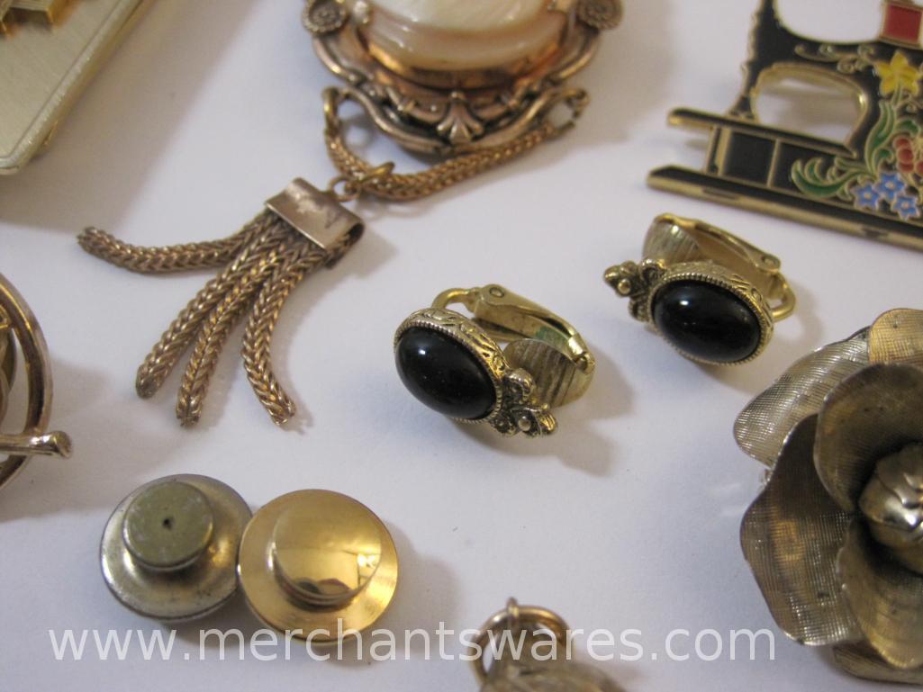 Gold Filled Money Holder, Cameo Pin, Assorted Pins, Gold Filled Earrings, and More, see pictures,