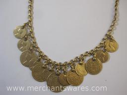 Gold Tone Dangle Coin Necklace and Bracelet Set, 2oz