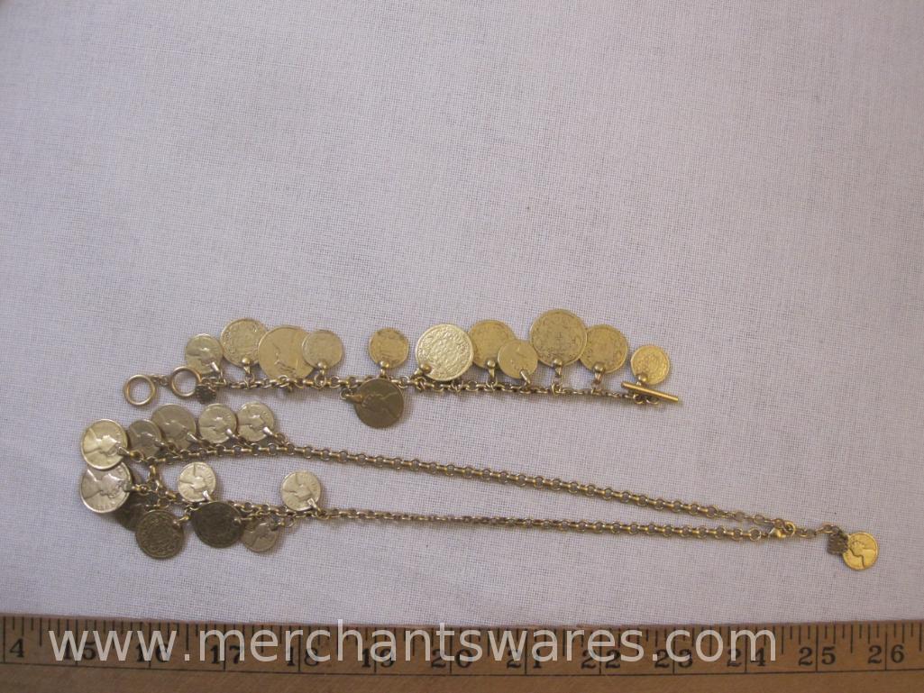 Gold Tone Dangle Coin Necklace and Bracelet Set, 2oz