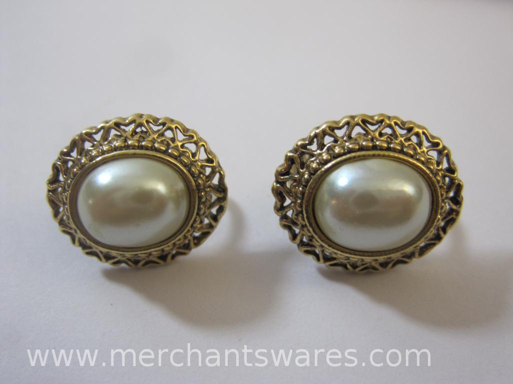 Vintage Clip On Earrings Including Wishbone Pair and Faux Pearl Accented Earrings, 1oz