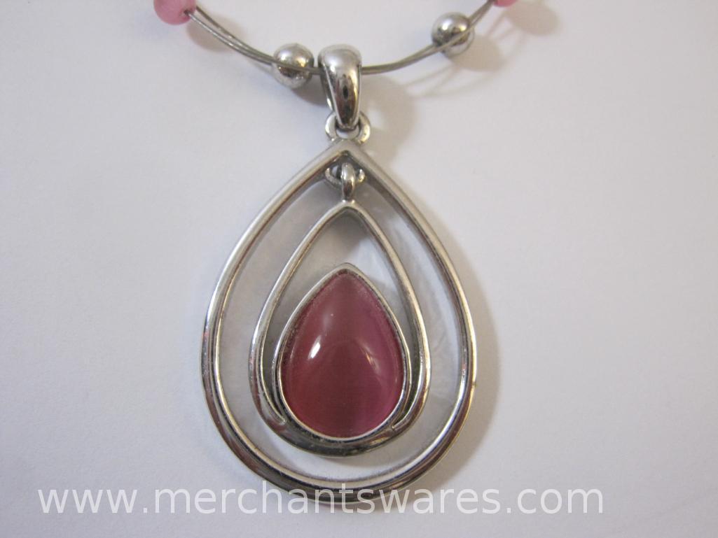 Three Silver Tone Necklaces One with Pink Accents, Long Silver Necklace is marked Italy, but not