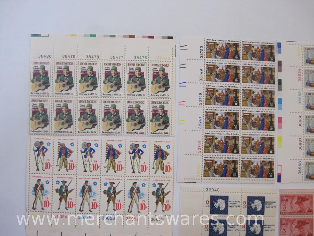 Ten Blocks of US Postage Stamps including 13c Chemistry (1685), 13c Jimmie Rodgers (1755), 8c 100th