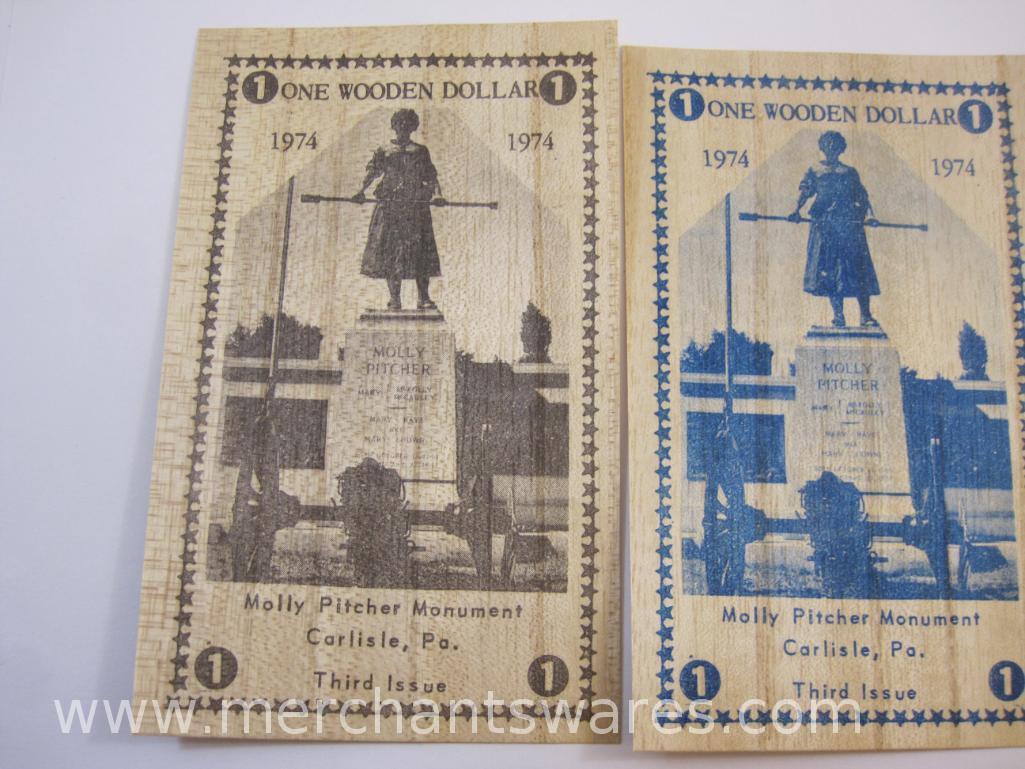 Set of Three Wooden Dollars, Sons of America Third Issue depicting Molly Pitcher Monument Carlisle