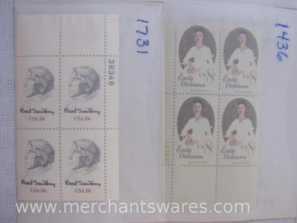 Twelve Blocks of Four US Postage Stamps including 8c Emily Dickinson (1436), 20c George Washington