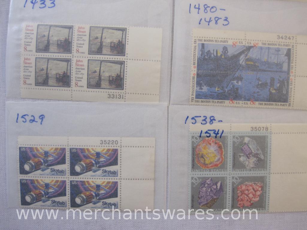 Twelve Blocks of Four US Postage Stamps including 10c Rural America (1505 & 1506), 10c Sky Lab