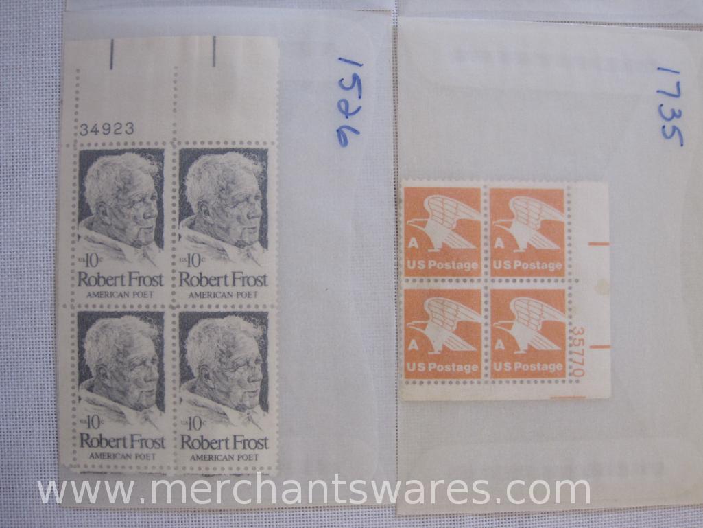 Twelve Blocks of US Postage Stamps including 8c The Boston Tea Party (1480-1483), 20c Jim Thorpe