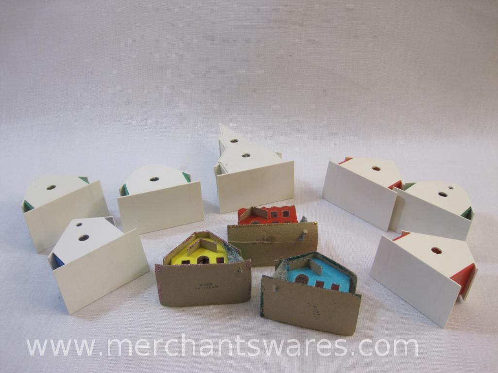 Ten Assorted Plastic and Felted Cardboard Christmas Houses and Church for String of Lights,