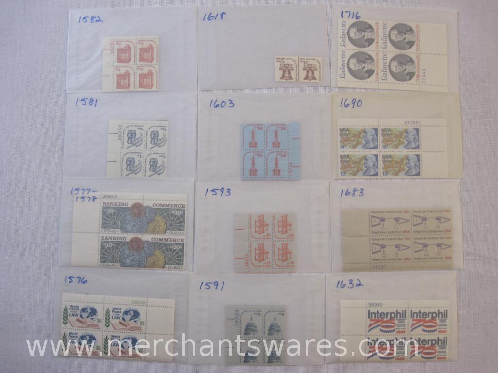Twelve Blocks of US Postage Stamps including 10c World Peace Through Law (1576), 24c Midnight Ride