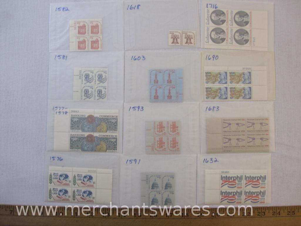 Twelve Blocks of US Postage Stamps including 10c World Peace Through Law (1576), 24c Midnight Ride