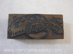 Two Antique Christmas Printing Plate Blocks including "Same Old Crap" Outhouse Santa and Santa's