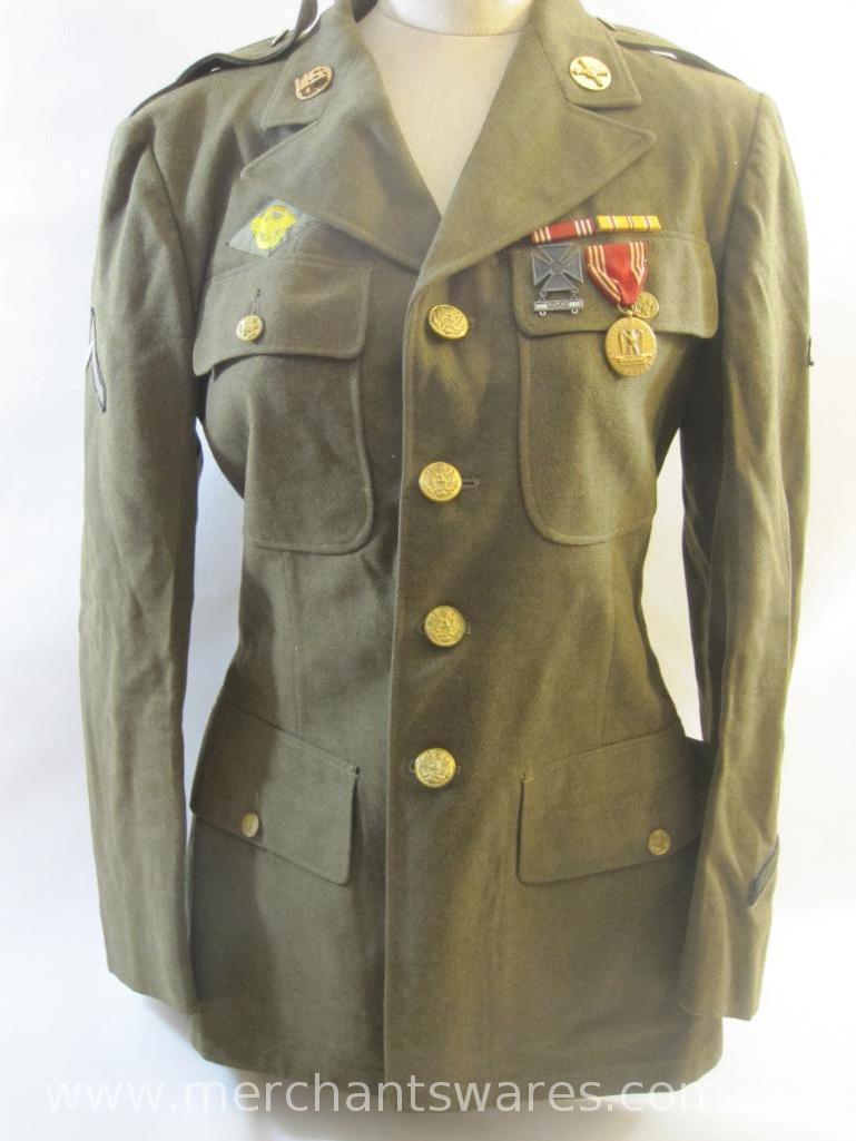WWII Era Ike Jacket with Ruptured Duck Patch and Various Military Medals and Insignia, Size 36R,