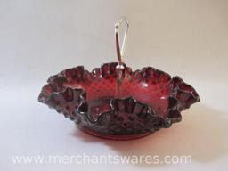 Fenton Red Hobnail Ruffled Glass Candy/Nut Dish with Handle, stamped, 1 lb 9 oz