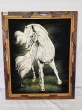 Acrylic on Velvet Hand painted Stallion, Wood Frame