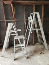 Three Aluminum Ladders, 5ft with Folding Paint Shelf and Two Step Stools