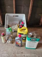 Plastic Bin with Prestone Antifreeze, Paint Thinner, Motor Oil and More