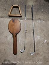 Two Vintage Putters and Wooden Tennis Racket Hander