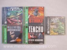 Five PlayStation Games including Army Men 3D, Soviet Strike, Tenchu Stealth Assassins, Army Men Air