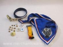 Assorted Boy Scout Items including scarf, belt, Webelos pin, and more, see pictures, 8 oz