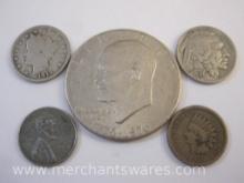 Five Assorted US Coins including 1912 V Nickel, 1936 Buffalo/Indian Head Nickel, Bicentennial 1976