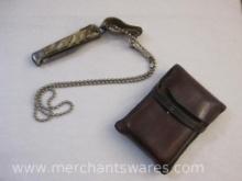Vintage Leather Pouch and Folding Pocket Knife with Belt Chain, see pictures, 8 oz