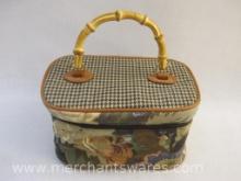 Cosmetic Bag with Bamboo Handle in Flower and Herribone Pattern, 8 oz