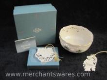 Lenox Holiday Medium Pierced Bowl in Original Box with 2 Ceramic Lenox Ornaments, 1 lb 6 oz