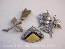 Three Silver Tone Flower Pins from JJ Jonette and More, 2 oz