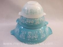 Vintage Pyrex Butterprint Cinderella Mixing Bowl Set including 441, 442, and 444 (handle is chipped,