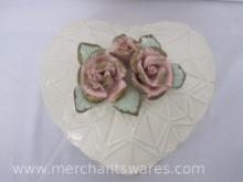 Large Heart Shaped Ceramic Box with Capodimonte Style Rose Top