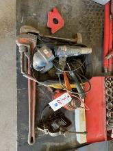 (Lot) Bottle Jack, Vise, Wrench, In One Area