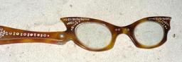 1940's Lorgnette Folding Eye Glasses Magnifying Reader w/rhinestones in silk case