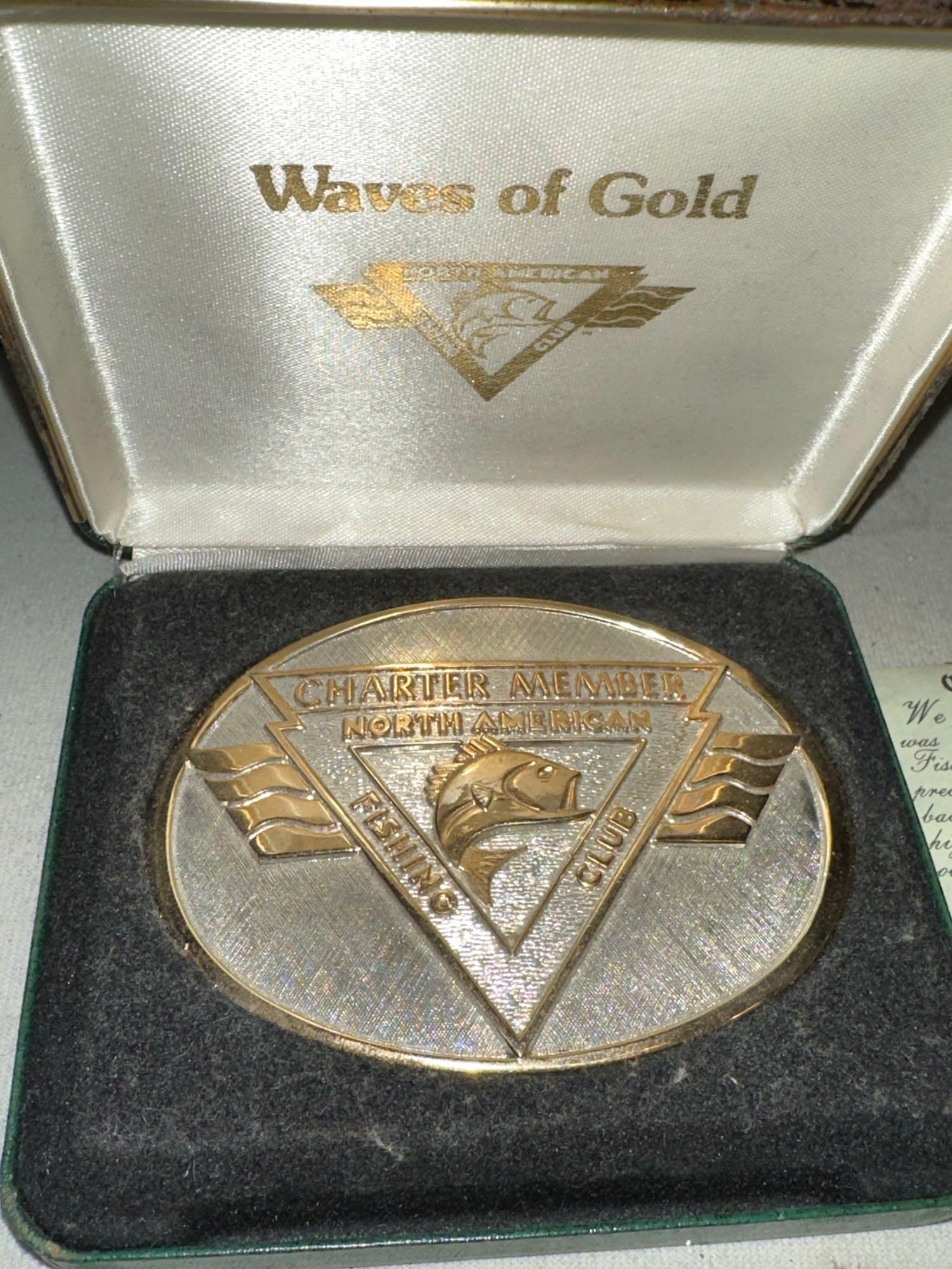 North American Fishing Club Belt Buckle 24k Gold & Rhodium over solid Brass w/COA & Box