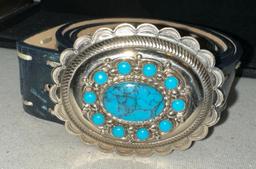 40" Blue USA Belt with Imitation Turquoise Belt Buckle