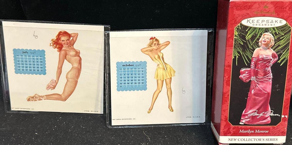 2 Varga Miniature Pin-up Girls July & October 1948 Calendar & Marilyn Monroe keepsake ornament