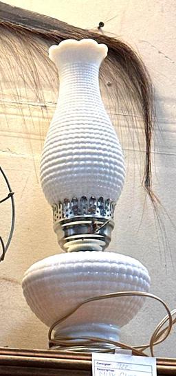 Antique Fan and Vintage Milk Glass Lamp