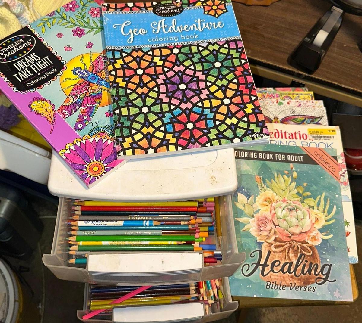 3 Drawer Organizer filled with Coloring Pencils and Stack of Coloring Books (most are New)