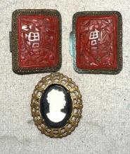 Vintage Cameo Pin and 2 Vintage Oriental Brooches