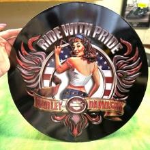 Ande Rooney American Babe Harley Davidson Metal Round Sign "Ride with Pride"