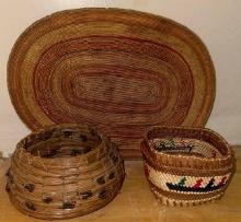 Vintage Makah Indian Basket, Basketry Tray and Old Papago Indian Pinecope basket