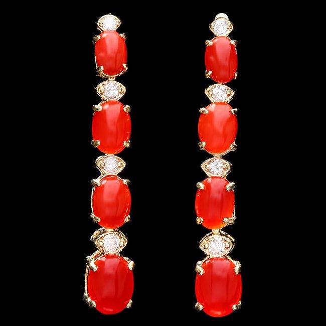 14k Gold 4.00ct Coral 0.35ct Diamond Earrings