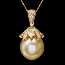 14k Yellow Gold 16mm Pearl 1.30ct Diamond Pendant