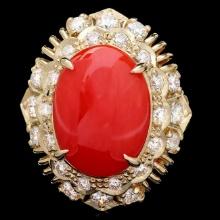 14k Yellow Gold 4.50ct Coral 1.30ct Diamond Ring