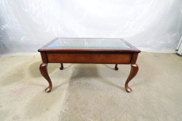 Cherry Finish Glass Top Coffee Table With Drawer
