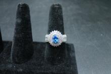 Sterling Silver Ring with Blue Sapphire & CZ's