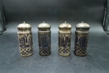4 Silverplated Salt & Pepper Shakers with Cobalt Inserts