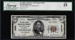 1929 $5 First NB & TC NB Montclair, NJ CH# 9339 National Currency Note Legacy Fine 15