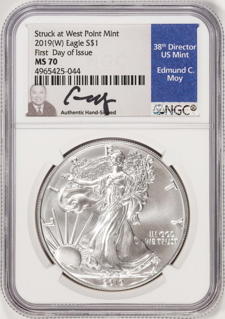 2019(W) $1 American Silver Eagle Coin NGC MS70 FDOI Moy Signature West Point Mint